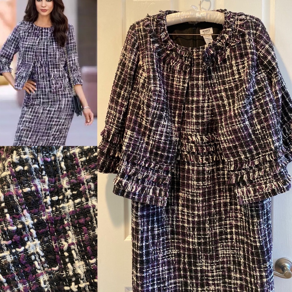 🆕 Monroe & Main Purple Tweed Dress & Jacket 2 piece Suit Sz 16 💜🤍🖤 Washable